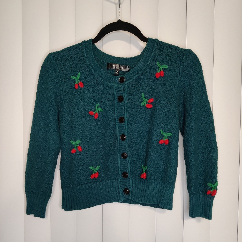 MAK dark teal knit cardigan with cherries size S